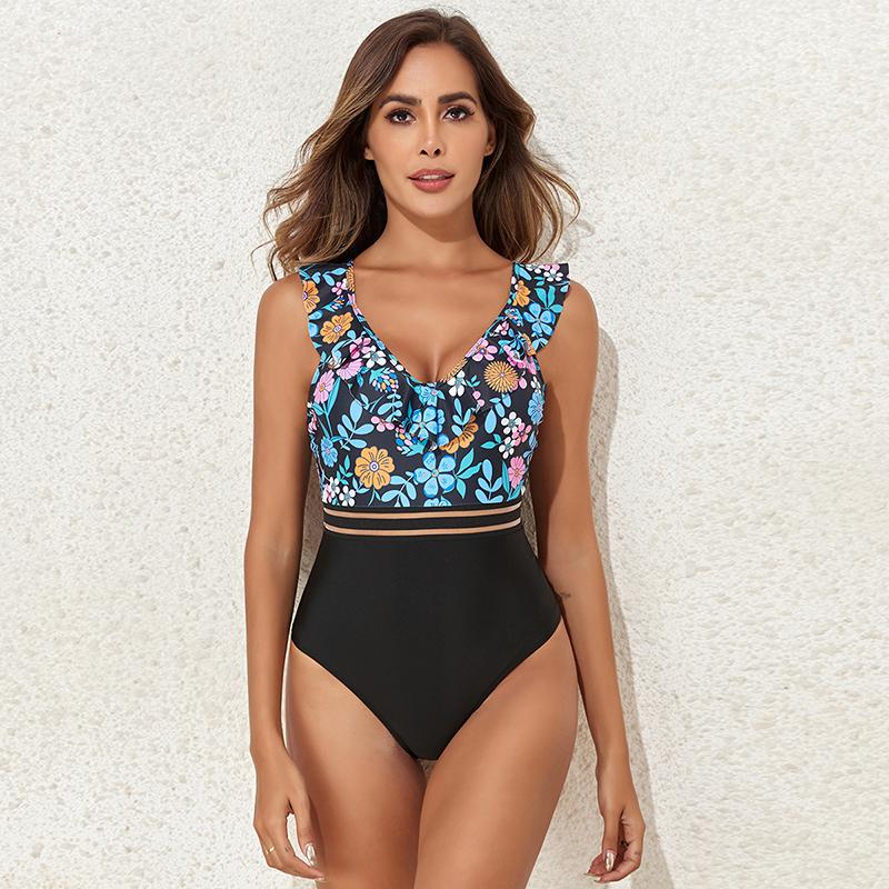 Sexy One Piece Flower Print Swimsuit Push Up Swimwear Women Ruffle Adjustable Shoulder Swimsuit Bathing Suit Swim Wear
