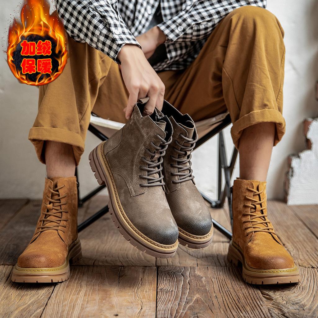 Martin boots, big yellow boots, men's 2025 new leather thick-soled winter velvet to increase height, kick not rotten tooling boots tide