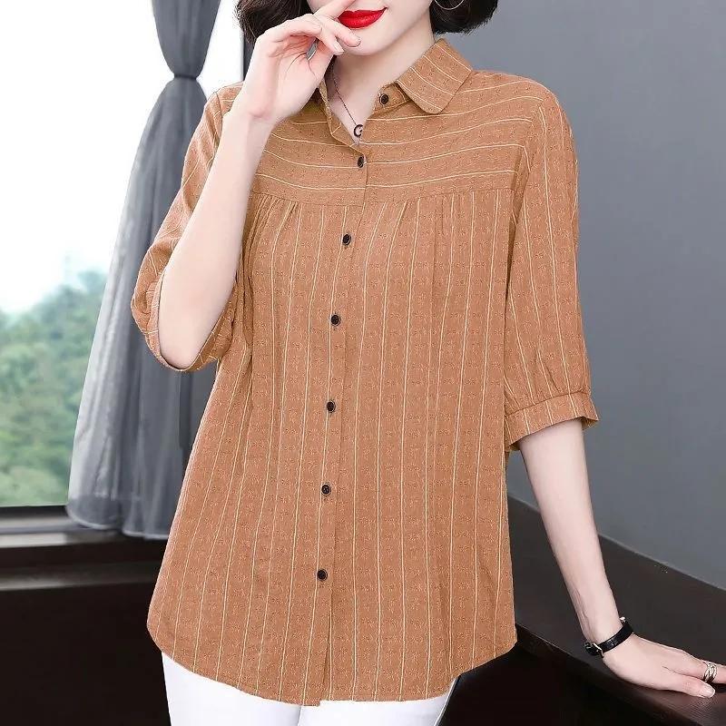 Women Casual Fashion Elegant Striped Printed Button Shirt Summer  Loose  Half Sleeve Tops