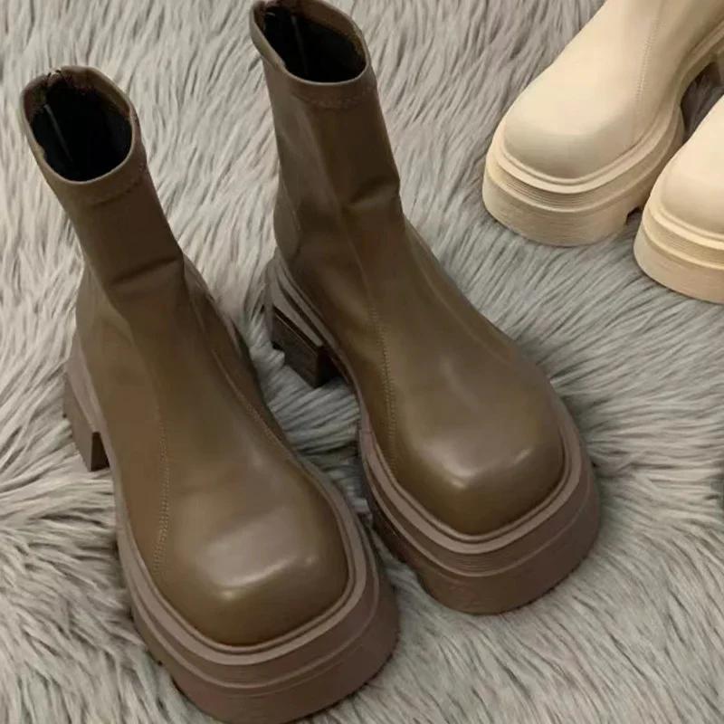 Mode Knöchelhohe Mittelhohe Absätze Chelsea Boots Winter Neue Mode Plateau Damen Reißverschluss Schuhe Goth Lässige Motorradstiefel Damen Dicke Schuhe