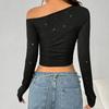 Spot European and American style autumn new women's clothing black slanted shoulder long-sleeved top sprinkled silver slim T-shirt solid color whole