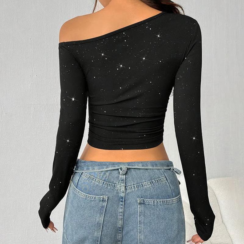 Spot European and American style autumn new women's clothing black slanted shoulder long-sleeved top sprinkled silver slim T-shirt solid color whole