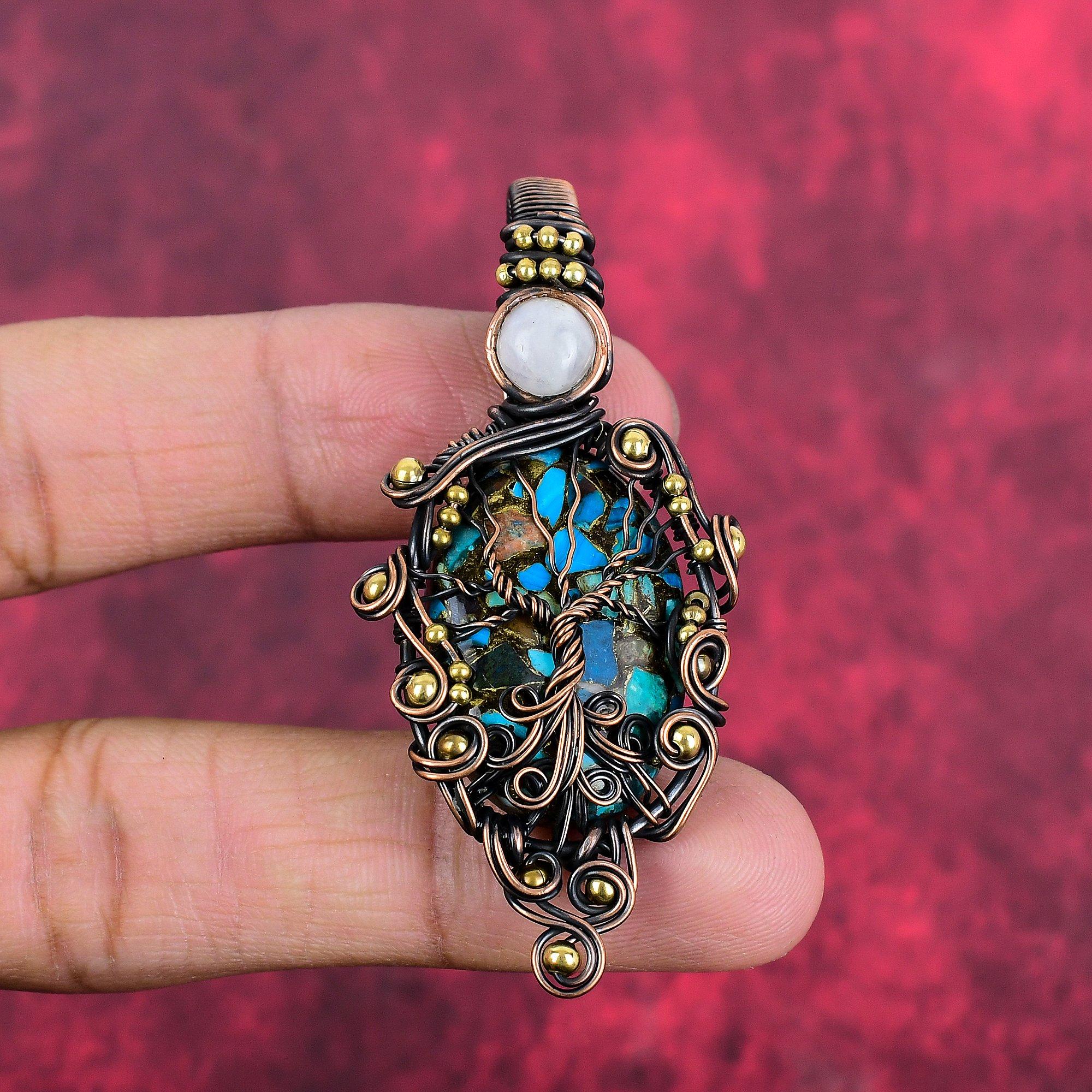 Tree of life copper chrysocolla pendant copper wire wrapped rainbow moonstone pendant handmade gemstone pendant gifts for him copper jewelry