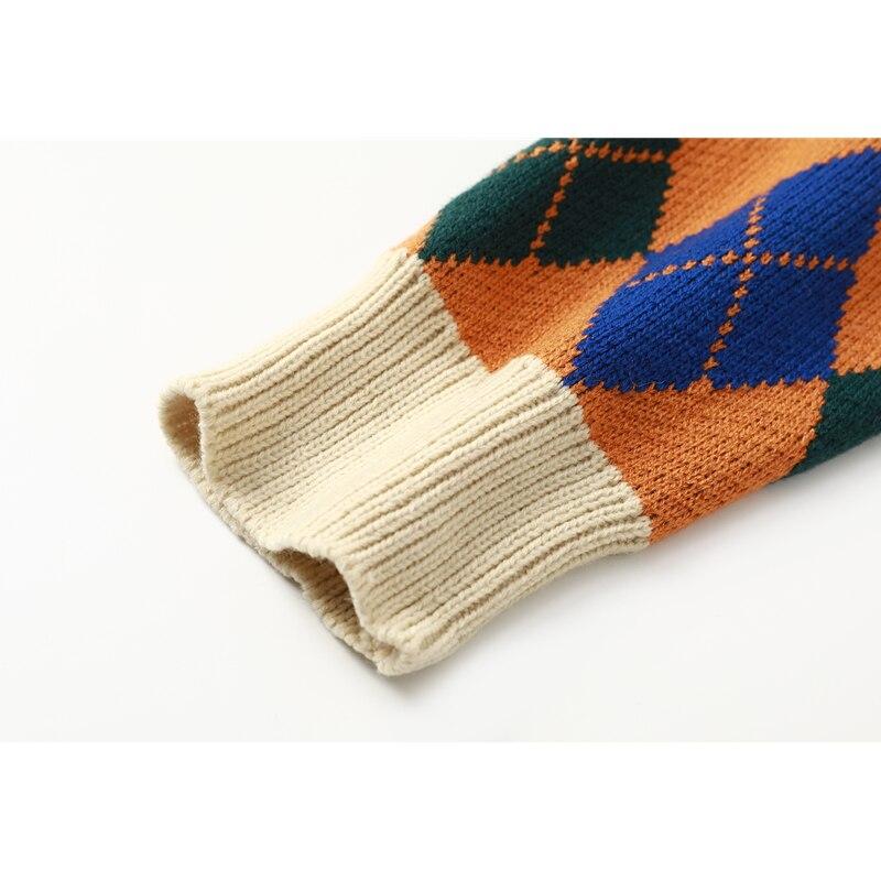 Vintage Plaid Women Sweater Autumn Cartoon Pattern Fashion Long Sleeves  Knitted High Collar Baggy Female Tops Pullover Sweater