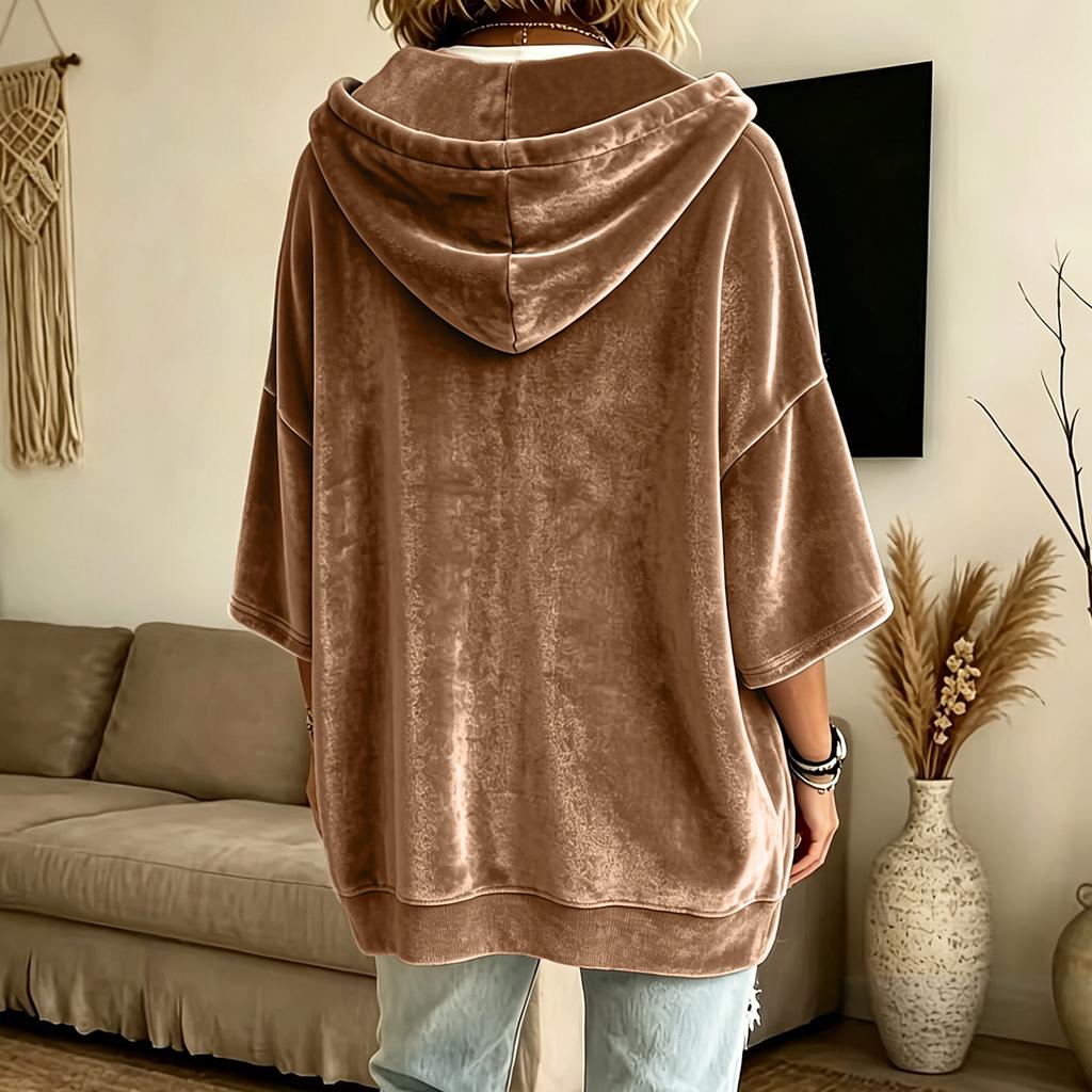 Women's 3/4 Sleeve Velvet Hoodie Color Casual Pullover Top