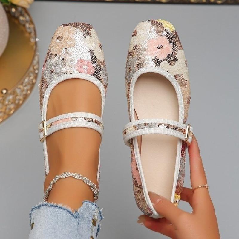 Colorful Sequin Mary Jane Shoes Women's Spring New Round Toe Shallow Mouth with Skirt Flat Slip Single Shoes