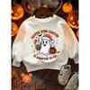 Kids Crewneck Sweatshirt, Halloween Cute Ghost Print Holding Iced Coffee & Pumpkin Bucket