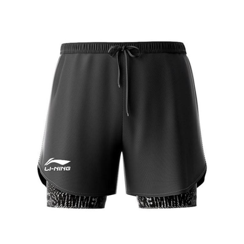 Li Ning Solid Color Mid Waist Drawstring Comfortable Breathable Versatile Loose Fit Five Point Sports Shorts Men Shorts Black LSKV328-1
