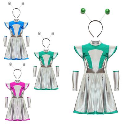 3-teiliges Halloween-Kostüm für Kinder, Mädchen, Alien-Cosplay-Kostüm, Weltraum-Kleid mit Armmanschette und Haarreifen-Zubehör