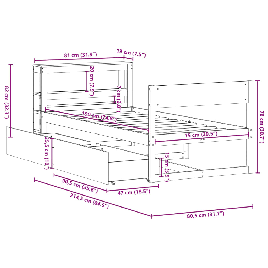 Solid Wood Bed without Mattress Wax Brown 75 x 190 cm Pine Wood