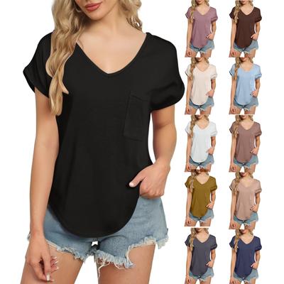 Women's Shirt Solid Color V-neck Short-sleeved Waist Top Light Breathable Cool Beach Vacation T-shirt