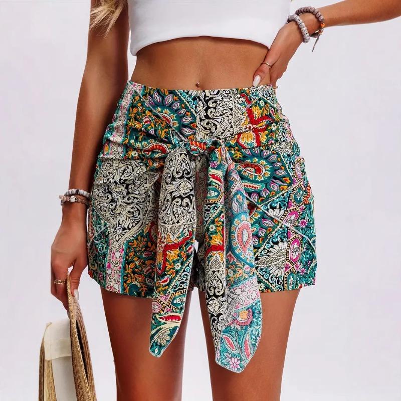 Printed High-waisted Short Pants with Bohemian Style Front Tie Shorts