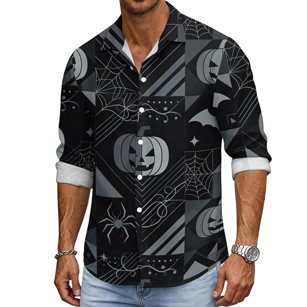 Men's Loose Fit Long Sleeve Shirt with Spread Collar Halloween Themed Casual Vintage Style Breathable Fabric Suitable for Outdoor Workwear