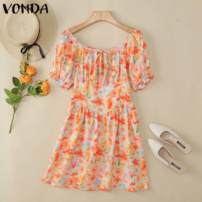 VONDA Vestido Mini Casual con Volantes para Vacaciones con Estampado Floral y Manga Corta Descubierta para Mujer