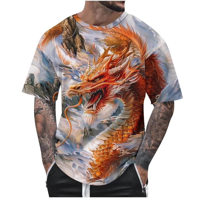 Best-selling Multi-color Retro Dragon Pattern Men's T-shirt, 3D Printed Trendy Casual Short-sleeved Round Top, Loose T-shirt