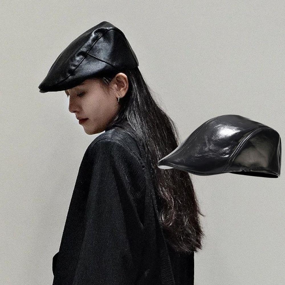Retro Pu Leather Newsboy Caps Men British Painters Hats Women Hip Hop Berets Short Brim Flat Cap High Quality Visors Forward Hat