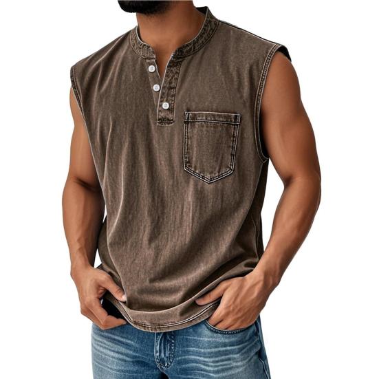 Men's Sleeveless Shirts, V Neck Breathable Shirts, Casual Summer Lightweight Pocket Top, Button Up Solid Color Stretchable Top for Summer