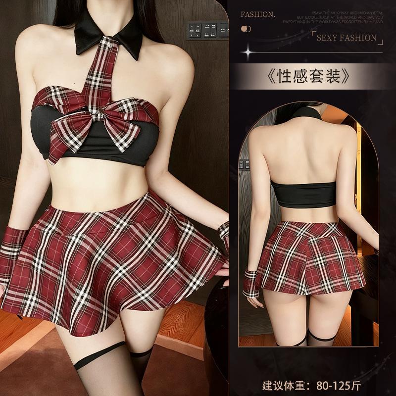Sexy JK Uniform Scarlet Plaid Collegiate Style Abstinence Women's Pajamas Pleated Skirt Erotic Lingerie Set