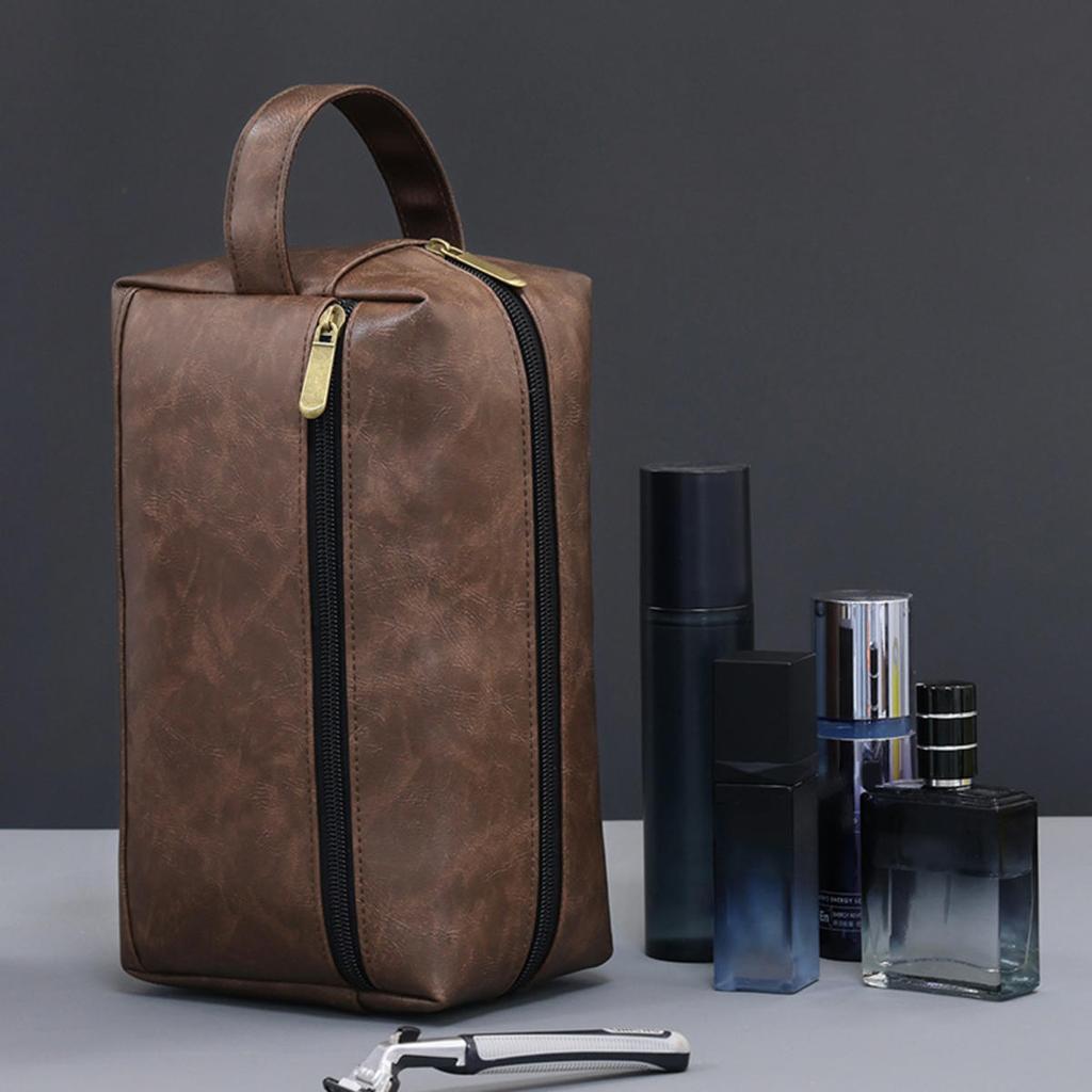 Men Leather Travel Business Shaving Cosmetic Pouch Strorage Bag Portable Toiletry Bag Large Capacity Organizer Handheld Toiletry Kits