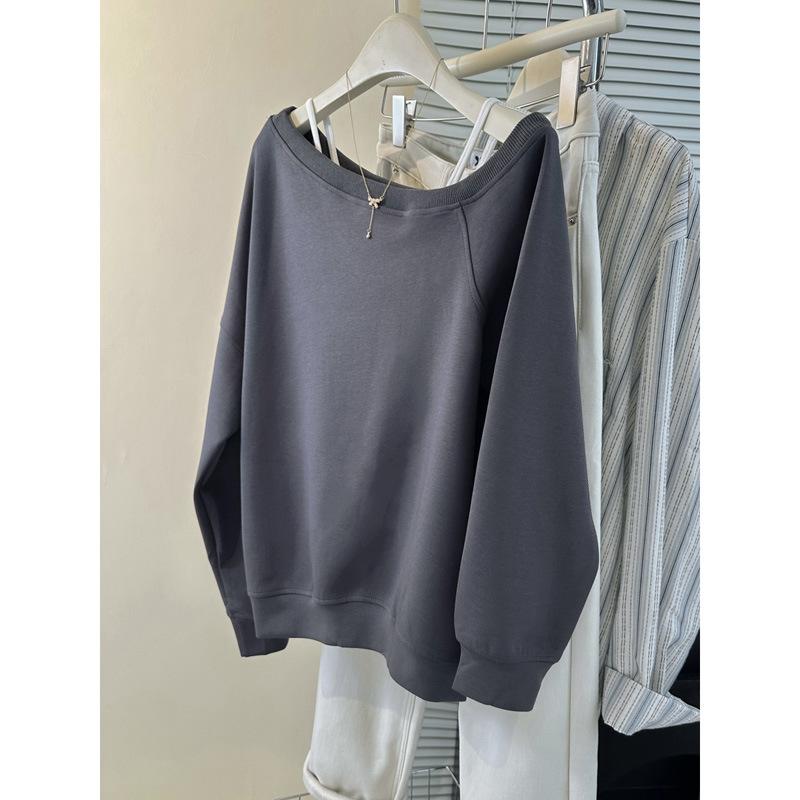 Real Shot Diagonal Neck Sweater Women's Thin Loose Sweet and Spicy Off-shoulder Long-sleeved Top Jacket