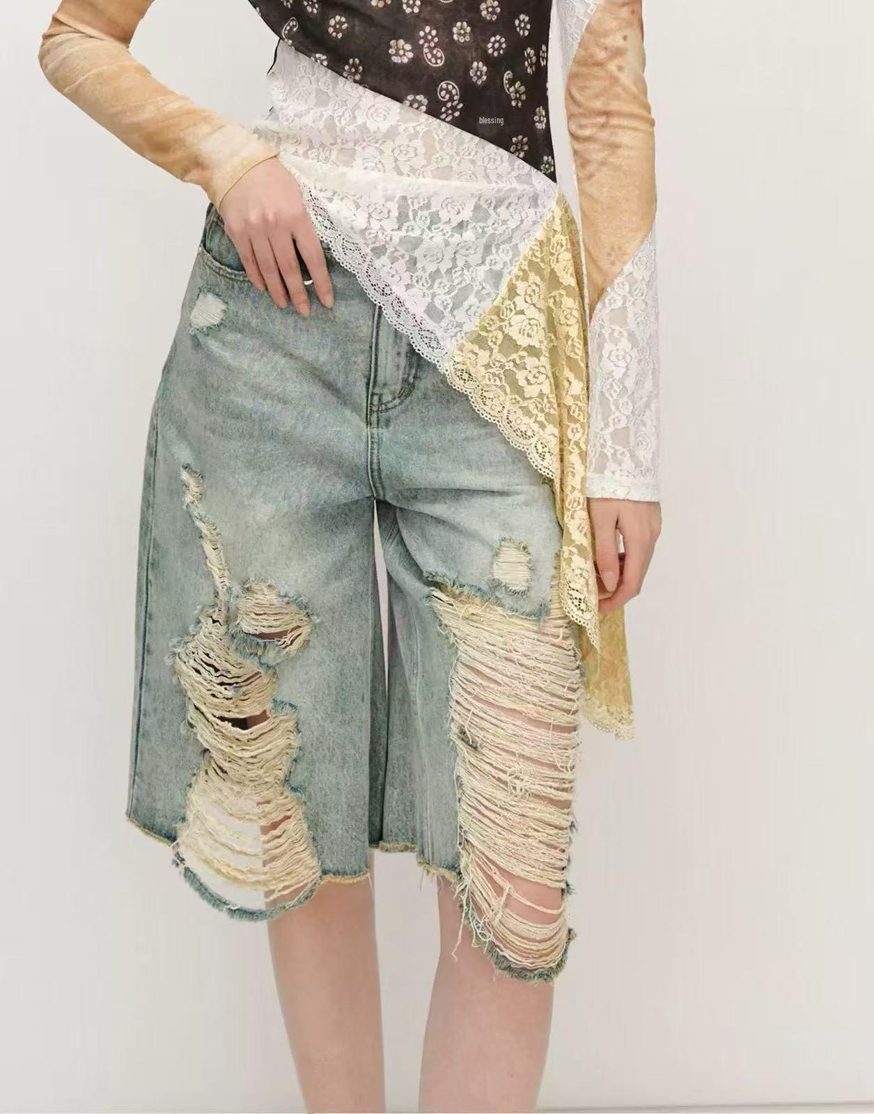 Fansi Yu 26 Retro Ripped Denim Wide-Leg Women s Shorts S (40-50 kg)