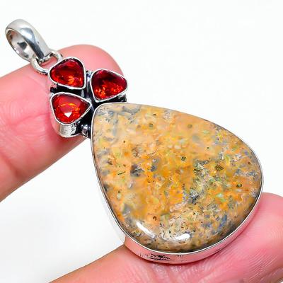 Natural Leopard Skin, Garnet Gemstone 925 Sterling Silver Pendant 2.21" P3W68