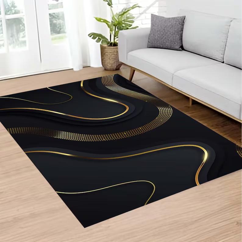 Black White Gold Marble Area Rug Modern Home Decor Home Decor Living Room Bedroom Vintage Pattern Design Non Slip Durable Rug