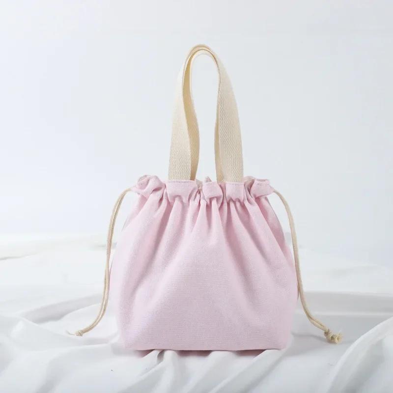 Small Fresh Drawstring Canvas Bag Hand Handbag Japanese Portable Bento Bag Large Capacity Bunched Lunch Box Bag