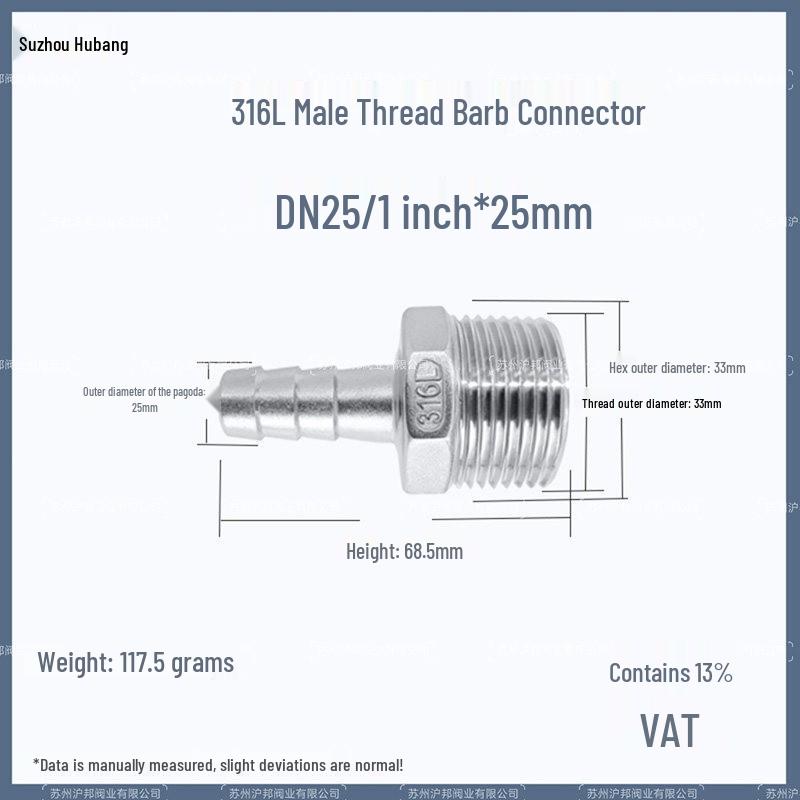1" Hexagonal Barb Connector, 304 Stainless Steel for Water Pipe Hose, 316 Male Thread Plug