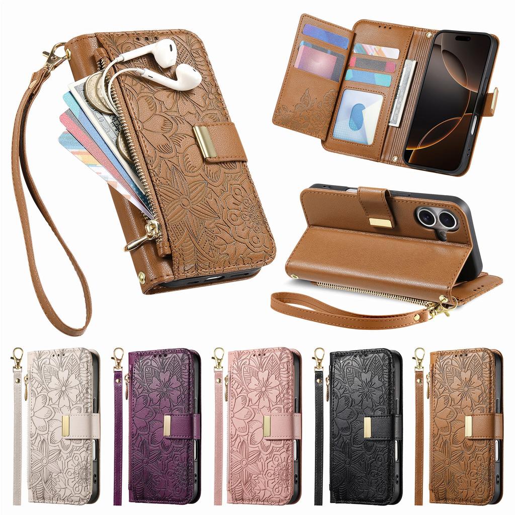 Floral Leather Wallet Case for iPhone 12-17 series.Vintage All-in-One Card Holder w/Stand, Magnetic Closure & Wrist Strap