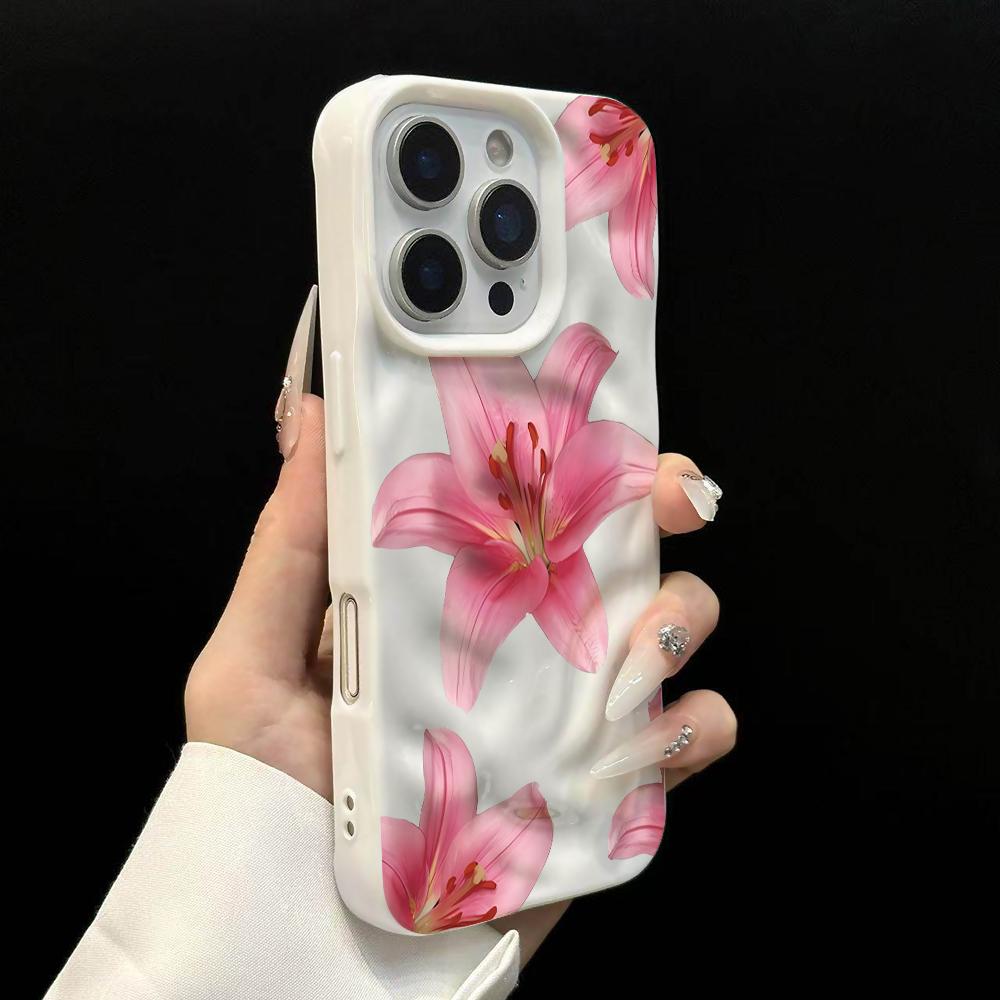 

Luxury Romantic Lilies flower Phone Case For iPhone 17 16 15 14 13 12 11 Pro Max 14 Plus 17 Air Wrinkle Wave Soft Silicone Cover iPhone 13 Pro