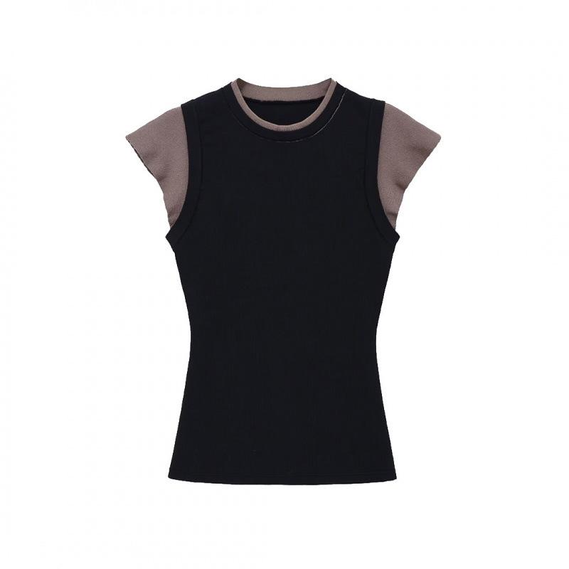 2026 European & American Style Slimming Double-Layer Color Block Round Neck Short Sleeve Top Medium
