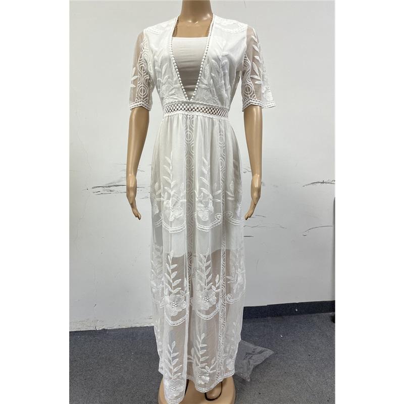 Women's Elegant V-neck Short-sleeved Lace Bride Long Dress Long Dress Wedding Bridesmaid Party Dress