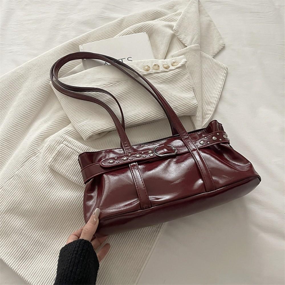Rivet Belt Buckle Underarm Bag Large Capacity Tote Bag Trendy PU LeatherShoulder Bag Commute