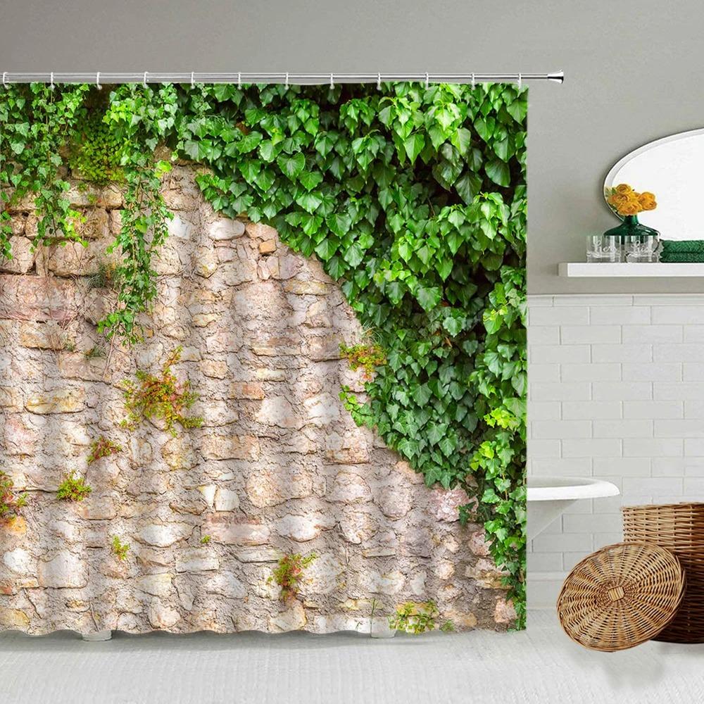 

Green Vine Vintage Stone Brick Wall Shower Curtains Set Natural Plants Leaves Flowers Polyester Fabric Bathroom Decor With Hooks W60H190(CM)-1 Pcs