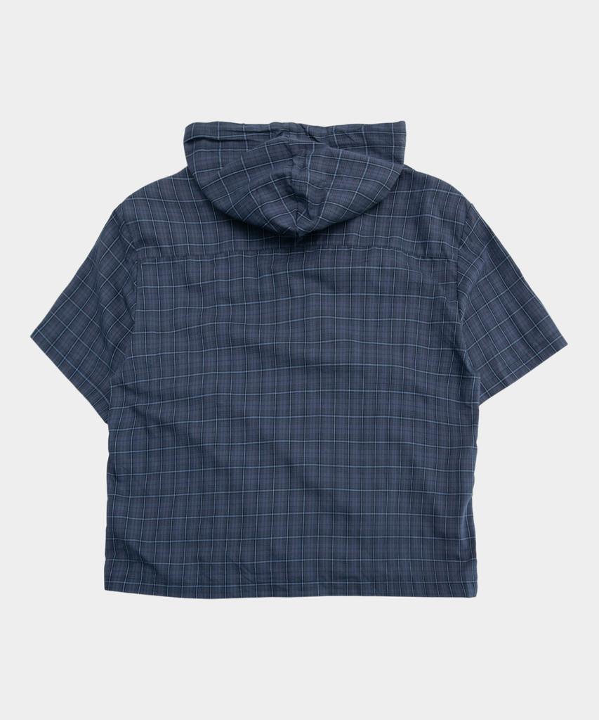 SOMEPLACE MAN Tartan Check Pocket Zipper Point String Hoodie Short Sleeve Semi-Crop Hoodie Shirt [Navy]