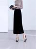 Women's Black Velvet High Waist Slit Midi Skirt - Spring/Autumn 2026