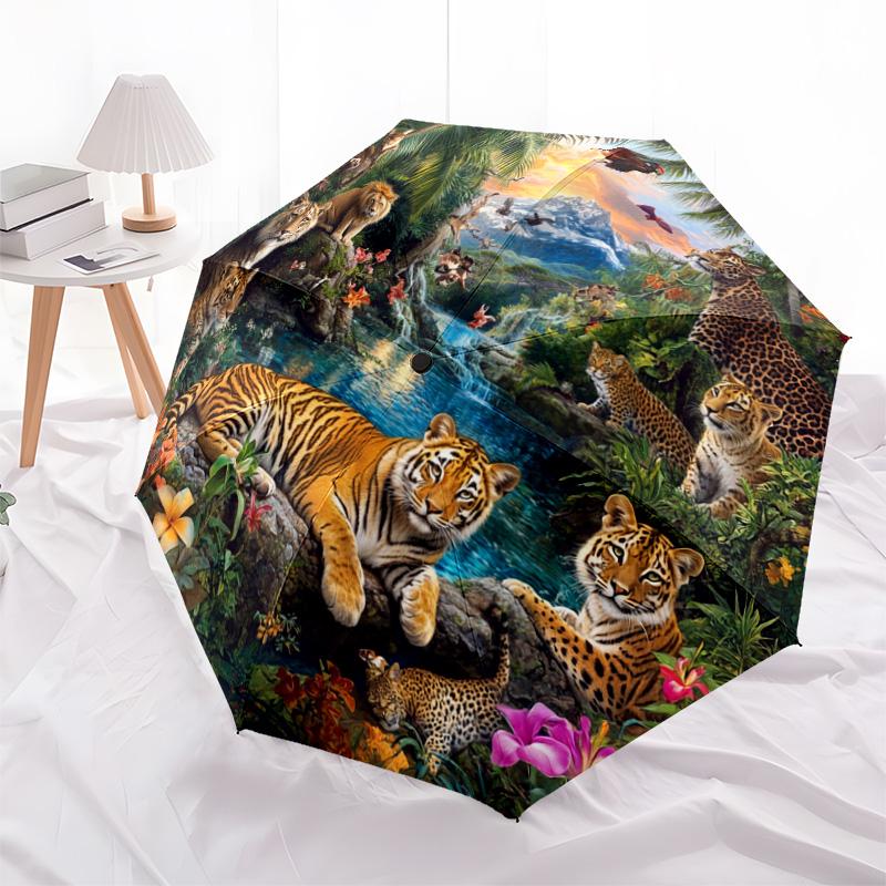 1 PC Automatic Folding Umbrella - Tiger Jungle Wildlife Pattern, Portable & Foldable Design with 8 Ribs, Christmas Birthday Gifts