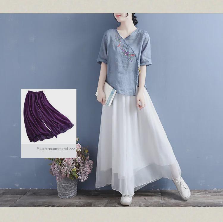 Damen Ethno-Stil Baumwoll-Leinen Oberteil: Retro-Knöpfe aus Olivenholz, schräger Kragen, Stickerei, weite Fünf-Punkt-Ärmel, Pullover.