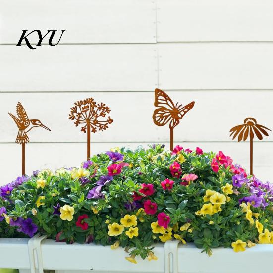 Weatherproof Lawn Decor Rusty Silhouette Garden Stake, Rustic Flower Pot Insert for Patio, Vintage Style Outdoor Decorations Bird Bee Butterfly