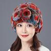 Gorro de invierno para mujer con bufanda integrada, grueso, cálido, de piel sintética de conejo Rex, con decoración floral, resistente al viento, para viajes al aire libre y frío.