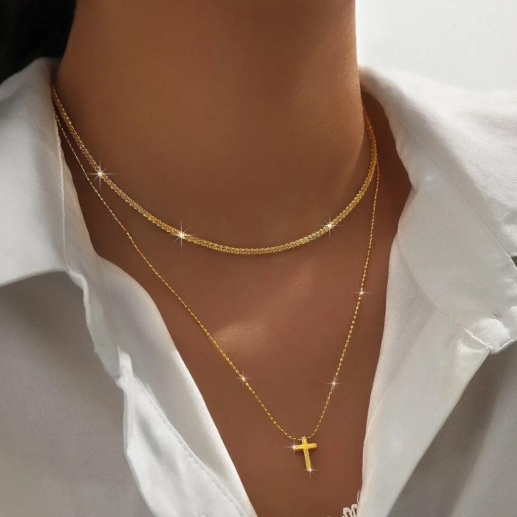 New Temperament Shiny Double Layer Cross Pendant Cross Pendant Necklace for Women Charm Collarbone Chain Jewelry Accessory Gift