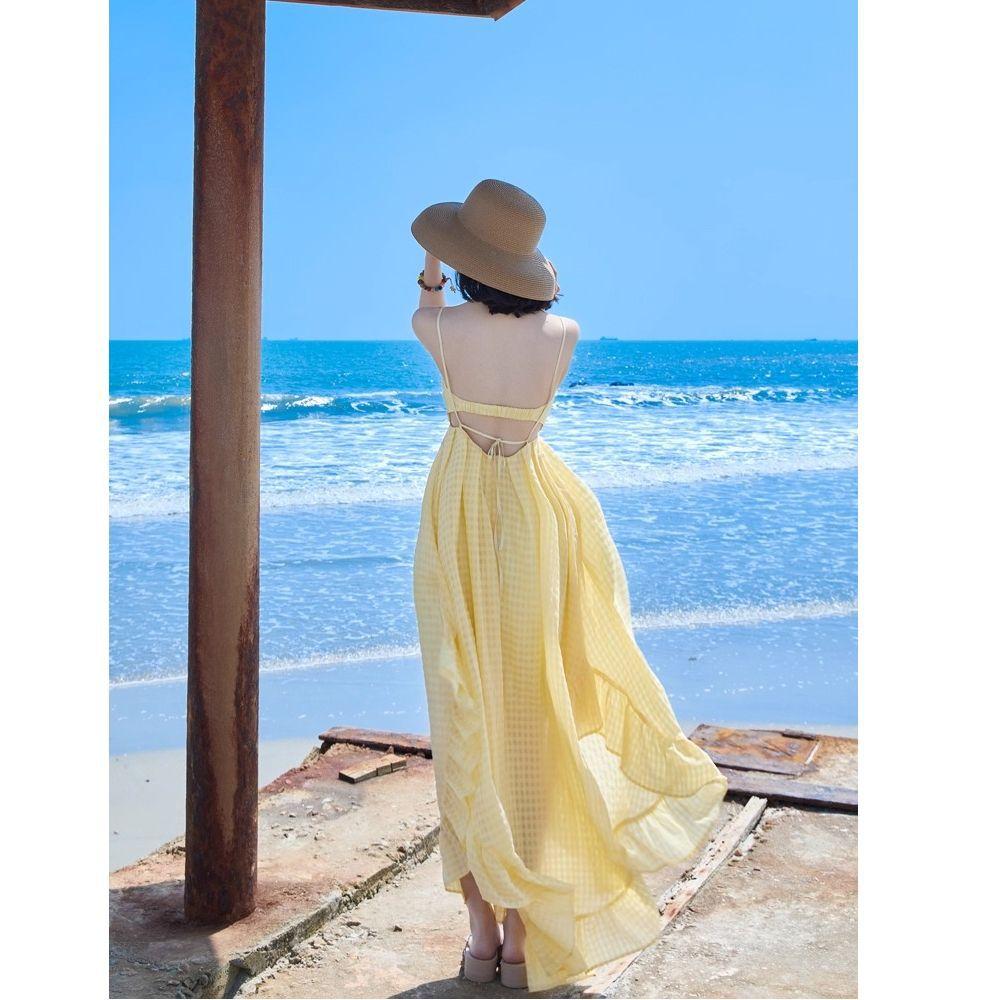 Seaside Vacation Dress High-end Yellow Neck Dress Suspender Chest Pad Backless Beach Dress Women's Sanya Wear