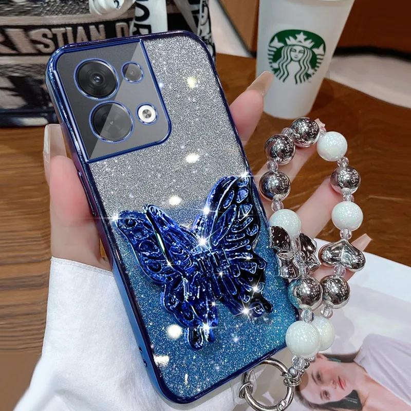3D Butterfly Phone Holder Bead bracelet Glitter Plating Case for OPPO Reno 8 7 Pro Plus 4G 5G Back Cover