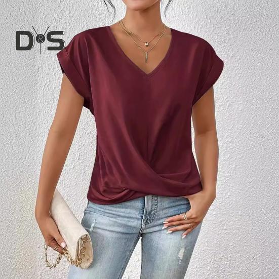 Summer Women Short Sleeve V Neck Shirts Solid Color Casual Breathable Top Versatile Fashion Blouse for Jeans Skirts
