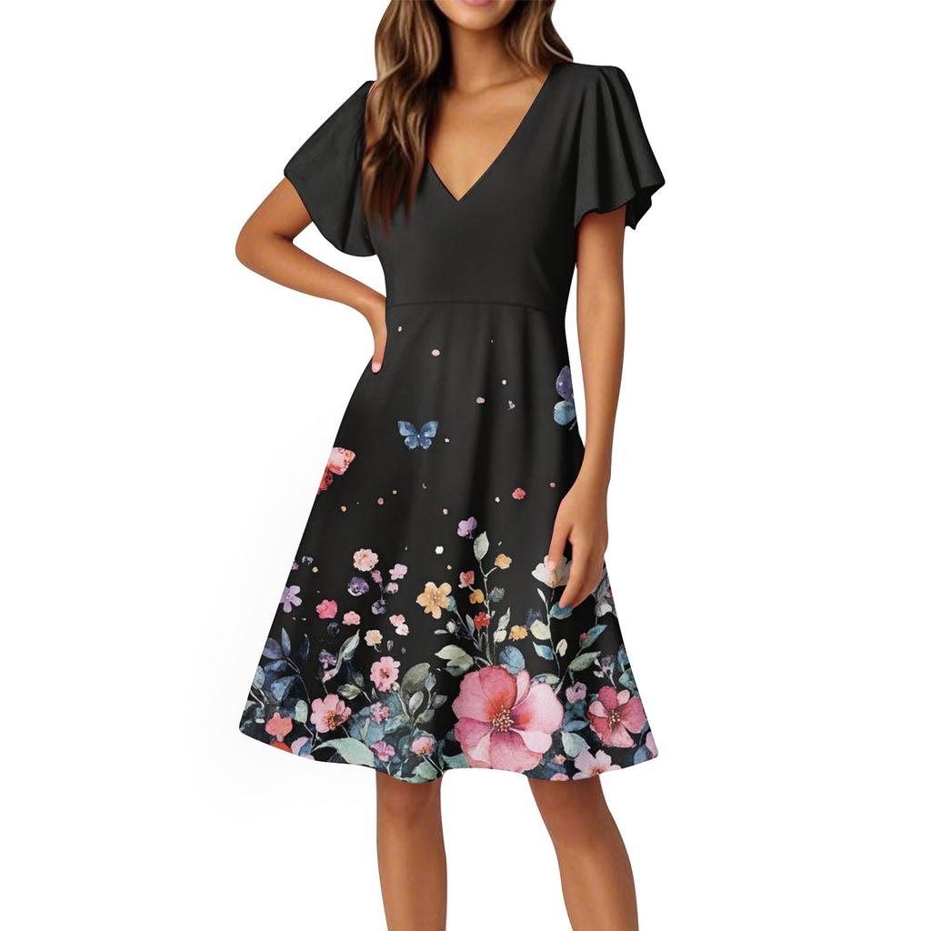 Women's Dress Flared Sleeve Short Sleeve Casual Floral V-neck Dress