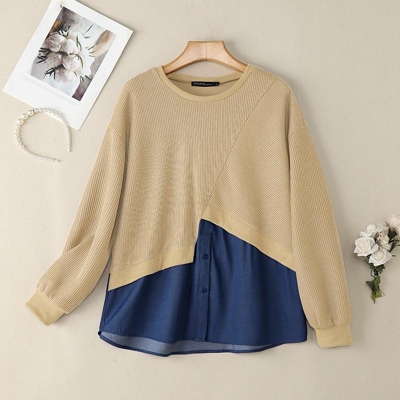 

ZANZEA Women Round Neck Long Sleeve Casual Patchwork Pullover Sweatshirt 5XL абрикосовый