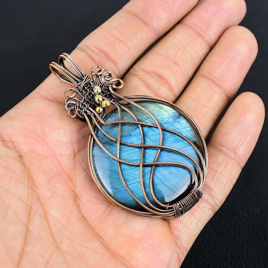 Labradorite Pendant, Handmade Gemstone 999 Copper Wire Wrapped Pendant Antique Jewelry, For Gift Silver Jewelry