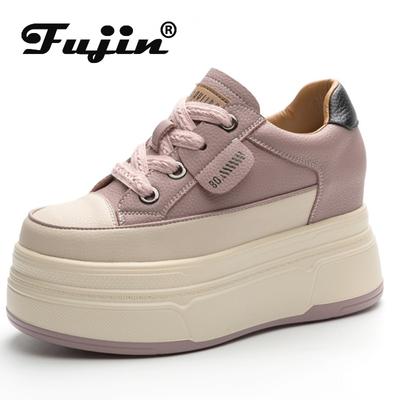 Fujin 9 cm vache daim en cuir véritable femmes chaussures vulcanisées plate-forme coin Skate boarding talons hauts décontracté chaussures stables