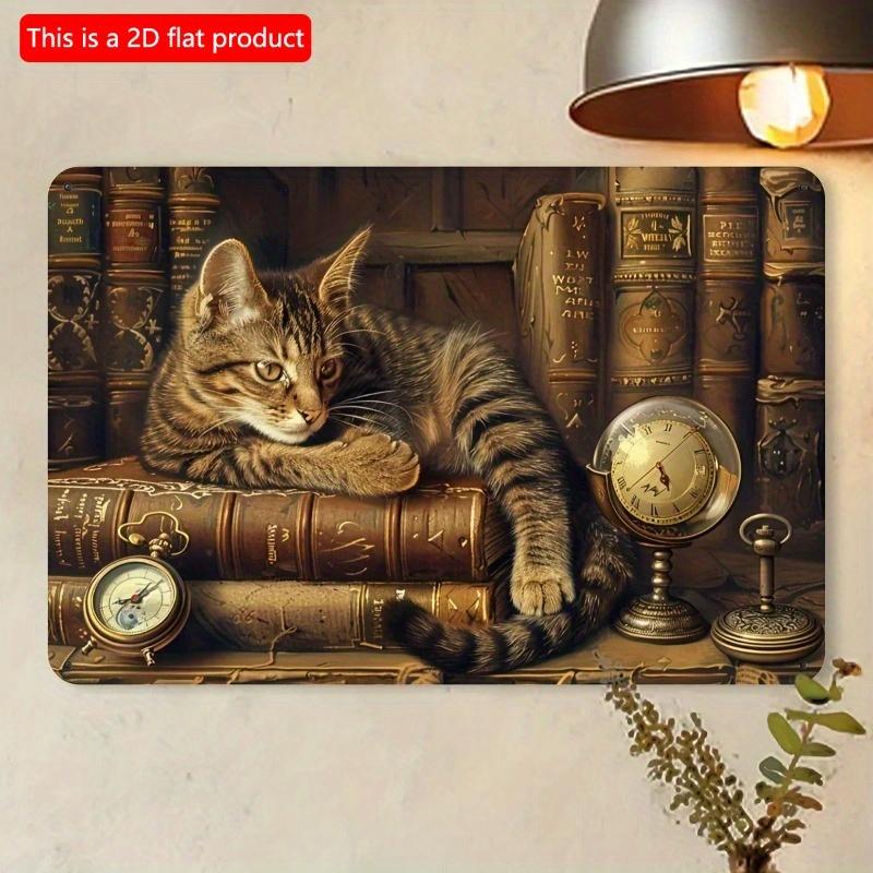 2D Flat Wooden Sign 30*20cm Vintage Cat In Book Wooden Sign | Indoor/Outdoor Wall Decor for Home, Bedroom, Bar, Cafe, Library & Garage